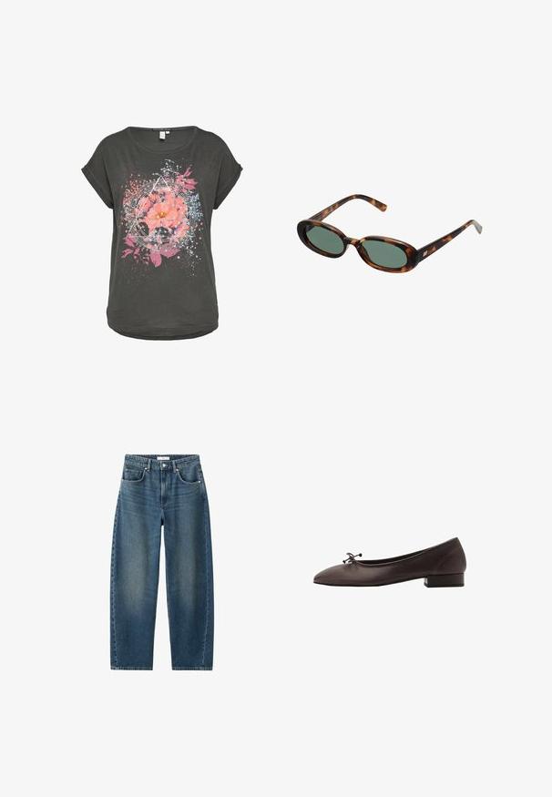 Bruine gebreide trui met een ronde halslijn, verlaagde schouders en geribbelde boorden. Zachte textuur, cropped ontwerp en losse pasvorm.; Donkergrijze t-shirt met korte mouwen met een bloemgraphic met roze bloemen en blauwe accenten, omringd door geometrische vormen en spetterpatronen.; Donkerblauwe denim jeans met een rechte pijp, vijf-pocket ontwerp en een klassieke knoopsluiting. Zachte textuur met subtiele vervaging.; Bruine leren balletschoen met een ronde neus en een kleine blokhak. Kenmerkt zich door een dunne strik aan de voorkant en subtiele stikdetails.; schildpadbril met ovale monturen en groene lenzen. Heeft dunne spijlen met een metalen accent nabij de scharnieren.; Geweven gele handtas met een gebogen handvat aan de bovenkant en een ongestructureerde vorm. Het gestructureerde oppervlak heeft een kruissteekpatroon over de hele tas.