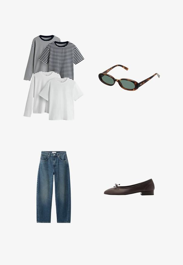 Hnědý pletený svetr s kulatým výstřihem, spadlými rameny a žebrovanými manžetami. Měkká textura, zkrácený střih a volný střih.; Sada čtyř triček: dvě bílá, jedno námořnické pruhované a jedno černě pruhované. Všechna mají krátké rukávy a kulaté výstřihy, vyrobena z bavlněné tkaniny.; Tmavě modré džíny s rovnými nohavicemi, designem pěti kapes a klasickým knoflíkovým zapínáním. Měkká textura s jemným vyblednutím.; Hnědé kožené baletky s kulatou špičkou a malým blokovým podpatkem. Mají tenkou mašličku vpředu a decentní švy.; Sluneční brýle ve hmotě želvoviny s oválnými obroučkami a zelenými čočkami. Mají tenké stranice s metalickým akcentem u závěsů.; Tkaná žlutá kabelka s zakřivenou horní rukojetí a neformovaným tvarem. Texturovaný povrch má skrz naskrz křížový vzor.