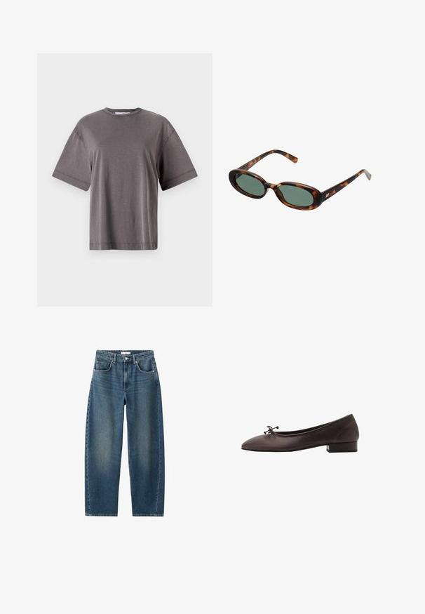Pulover tricotat maro cu guler rotund, umeri lăsați și manșete cu nervuri. Textură moale, design scurt și croi lejer.; Tricou gri cu manșete scurte și decolteu rotund, având o croială relaxată și o textură netedă, moale. Fără modele sau accente vizibile.; Jeans din denim de culoare albastru închis, cu croială dreaptă, design cu cinci buzunare și închidere clasică cu nasture. Textură moale cu decolorare subtilă.; Balerini din piele maro, cu vârf rotund și toc mic pătrat. Prezintă o fundiță subțire în față și detalii de cusătură subtile.; Ochelari de soare cu ramă din scoică de broască țestoasă și lentile verzi. Au brațe subțiri cu un accent metalic aproape de balamale.; Geantă țesută galbenă, cu un mâner curbat în partea de sus și o formă nestrcturată. Suprafața texturată prezintă un model în cruce pe întreaga ei suprafață.