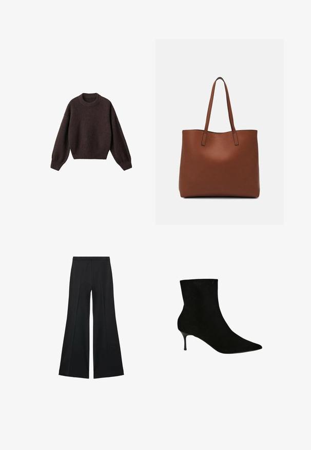 Maglione a maglia marrone con scollo rotondo, spalle scese e polsini a costine. Texture morbida, design corto e vestibilità ampia.; Pantaloni neri a gamba larga con una texture liscia, caratterizzati da pieghe frontali e un design sartoriale. Il tessuto è leggero e fluido.; Stivale alla caviglia in suede nero con punta affusolata e sottile tacco a stiletto. Texture liscia e silhouette aderente, che esalta il design.; Borsa tote in pelle marrone con texture liscia, design con apertura superiore e due spallacci. Presenta cuciture minime e nessun hardware visibile.