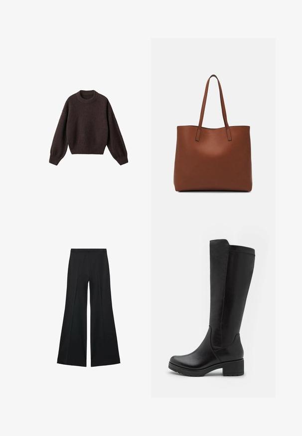 Hnědý pletený svetr s kulatým výstřihem, spadlými rameny a žebrovanými manžetami. Měkká textura, zkrácený střih a volný střih.; Černé kalhoty s širokými nohavicemi a hladkou texturou, s předními sklady a přizpůsobeným střihem. Materiál je lehký a splývavý.; Černé vysoké kozačky z hladké kůže, s blokovým podpatkem, kulatou špičkou a elegantním, těsným designem bez ozdob.; Hnědá kožená taška přes rameno s hladkou texturou, otevřeným designem a dvěma ramenními popruhy. Obsahuje minimální švy a žádné viditelné kovové prvky.