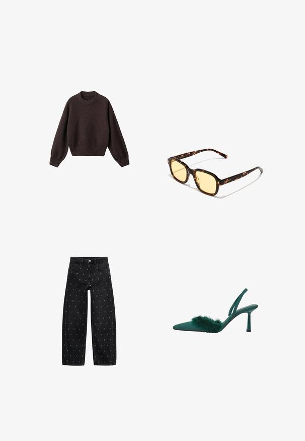 Maglione a maglia marrone con scollo rotondo, spalle scese e polsini a costine. Texture morbida, design corto e vestibilità ampia.; Jeans a gamba larga in denim nero con un motivo di piccoli occhielli in argento, dotati di un classico design a cinque tasche e chiusura con bottone.; Pump slingback in raso teal con punta affusolata, caratterizzato da un accento soffice teal sulla parte anteriore del piede e un sottile tacco a stiletto.; Occhiali da sole tartaruga marrone con lenti quadrate e tonalità gialla. Presentano bracci eleganti con il logo del marchio. Cornice in plastica leggera.; Borsa a spalla in pelle nera intrecciata con una forma morbida e ampio manico. Caratterizzata da un design testurizzato e intrecciato con una finitura liscia.