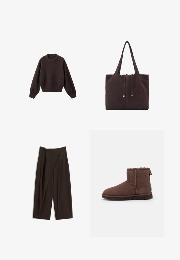 Brown knit sweater with a round neckline, dropped shoulders, and ribbed cuffs. Soft texture, cropped design, and loose fit.; Dark brown wide-leg trousers with a high waist, featuring a single button closure and a pleated front. Made from lightweight fabric.; UGG CLASSIC MINI II - Winter boots - burnt cedar; Mango Tote bag - dark brown