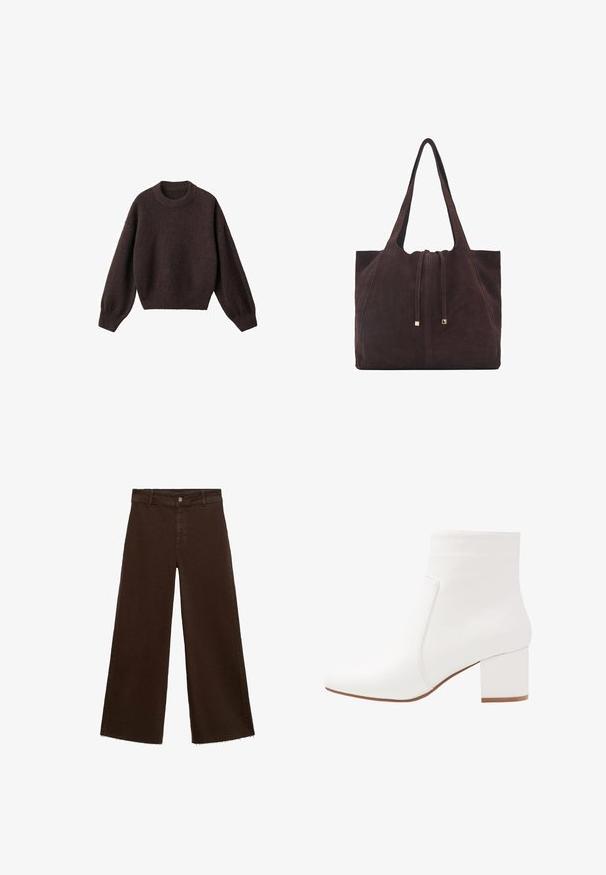 Smeđi pleteni pulover s okruglim izrezom, spuštenim ramenima i rebrastim rukavima. Mekana tekstura, skraćeni dizajn i slobodan kroj.; Smeđe široke hlače od pamuka, s raspucanim rubom, prednjim kopčanjem na dugme i klasičnim dizajnom s pet džepova. Minimalističke i svestrane.; Bijele gležnjače s glatkom obradom, kvadratnim vrhom i blok petom srednje visine. Šavovi ističu minimalistički dizajn.; Mango Velika torba - dark brown