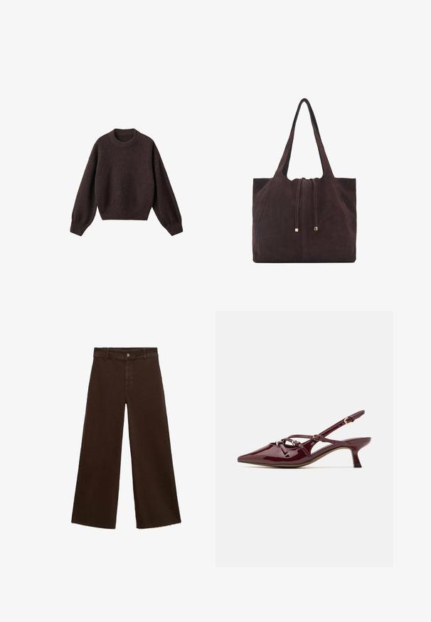 Bruine gebreide trui met een ronde halslijn, verlaagde schouders en geribbelde boorden. Zachte textuur, cropped ontwerp en losse pasvorm.; Bruine wijde broek in katoenmix, met een rafelige zoom, sluiting met een knoop aan de voorkant en een klassieke vijf-pocketstijl. Minimalistisch en veelzijdig.; Bordeaux patent leren slingback schoen met een puntige neus, een kleine hak, decoratieve banddetails en een glanzende afwerking.; Mango Shopper - dark brown