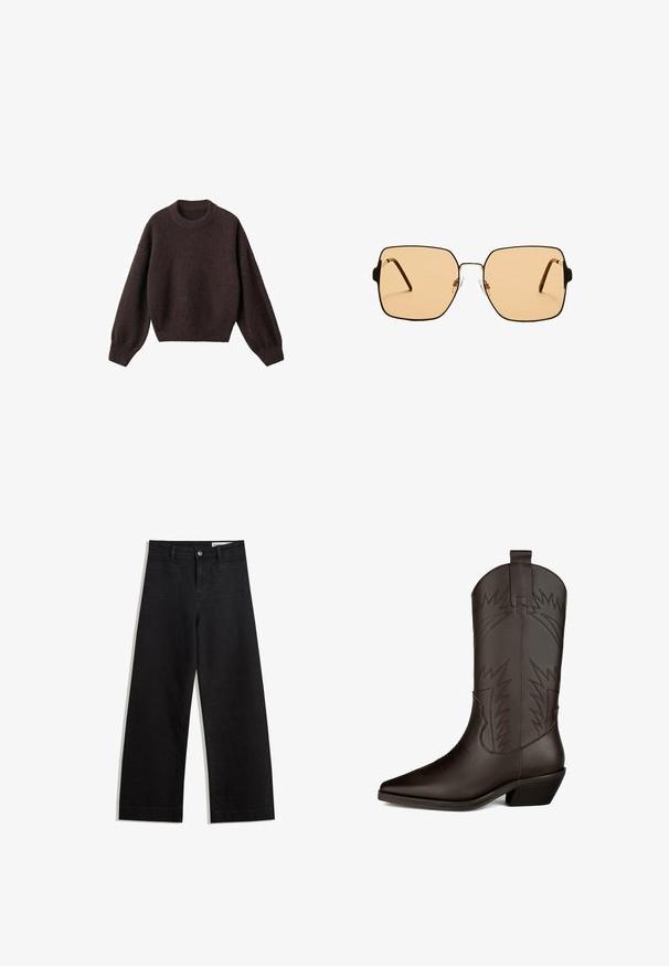 Brun stickad tröja med rund halsringning, sänkta axlar och ribbade ärmslut. Mjuk textur, kort design och lös passform.; Svarta vida denimbyxor med hög midja, med fram- och bakfickor, sydda sömmar och knappstängning. Slät textur.; Brun läder cowboyboot med spetsig tå, hög skaft, dekorativ broderi som liknar blixtar, och en klack i blockform.; Fyrkantiga solglasögon med bruna linser och en tunn svart metallram. Har vinklade skalmar och justerbara näsdelar för ökad komfort.; Brun mockaläders toteväska med två långa remmar, dragsko-stängning och minimalistisk design. Slät textur och inga synliga metallaccenter.