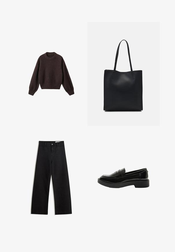 Smeđi pleteni pulover s okruglim izrezom, spuštenim ramenima i rebrastim rukavima. Mekana tekstura, skraćeni dizajn i slobodan kroj.; Crne široke traperice s visokim strukom, s prednjim i stražnjim džepovima, šivenim šavovima i kopčanjem na gumb. Glatka tekstura.; Lipsy Obuća za navlačenje - black; Crna kožna torba za nošenje s glatkom teksturom, pravokutnim oblikom i dvije duge ručke. Nema vidljivih metalnih dijelova ili ukrasa.