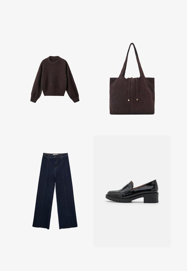 Smeđi pleteni pulover s okruglim izrezom, spuštenim ramenima i rebrastim rukavima. Mekana tekstura, skraćeni dizajn i slobodan kroj.; Hlače od tamnog jeansa s širokim nogavicama, kontrastnim šavovima, visokim strukom i ravnim krojem. Imaju prednje džepove i klasično zatvaranje na gumb.; Crne lakirane kožne loaferice s niskim debelim potplatom, koje imaju detalj s prednjom trakom i teksturiranim gumenim potplatom za bolje prianjanje.; Mango Velika torba - dark brown