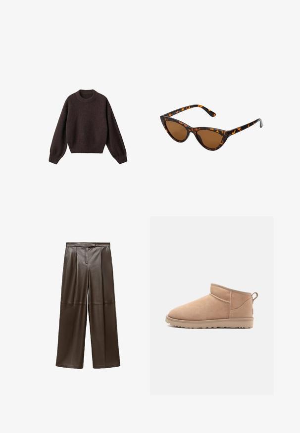 Brown knit sweater with a round neckline, dropped shoulders, and ribbed cuffs. Soft texture, cropped design, and loose fit.; Brown leather wide-leg pants with a smooth texture, featuring pleats at the front and a classic waistband design.; Tan suede ankle boot with a rounded toe, soft texture, simple design, and a low-profile rubber sole. Features a pull tab at the back.; Cat-eye sunglasses with a black and orange tortoiseshell frame, brown lenses, and sleek, pointed tips. Features a minimal logo on the temple.; Brown suede crossbody bag with a textured finish, a gold chain accent, and an adjustable leather strap. Features a zip closure.