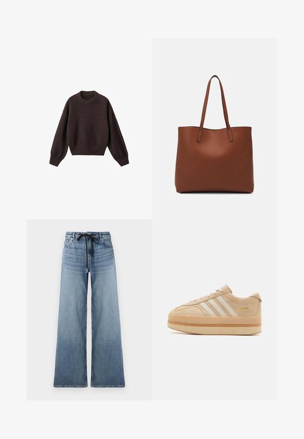 Smeđi pleteni pulover s okruglim izrezom, spuštenim ramenima i rebrastim rukavima. Mekana tekstura, skraćeni dizajn i slobodan kroj.; Široke traperice svijetloplave boje s izblijedjelim teksturom. Imaju podesivi struk s crnom vezicom i klasične džepove.; Bež nubuk platformske tenisice s bijelim tri pruge, okrugli nos, i bež gumeni potplat s zlatnim logotipom sa strane.; Smeđa kožna torba preko ramena s glatkom teksturom, otvorenim vrhom i dvjema naramenicama. Ima minimalne šavove i nema vidljivog hardvera.