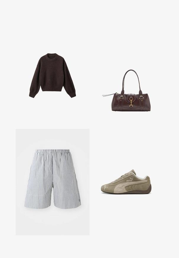 Brązowy sweter dziewiarski z okrągłym dekoltem, opadającymi ramionami i prążkowanymi mankietami. Miękka tekstura, krótki krój i luźny fason.; Spodnie krótkie w paski w kolorze granatowym i białym z bawełny, z elastycznym paskiem w talii oraz luźnym krojem. Długość do połowy uda z subtelnymi detalami szycia.; Zamszowe sneakersy w jasnobrązowym kolorze z ciemniejszymi akcentami, charakteryzujące się niskim profilem, sznurowanym zapięciem oraz logiem marki z boku.; Ciemnobrązowa skórzana torebka z dwoma górnymi uchwytami, złotymi akcentami metalowymi, detalem z zatrzaskiem z przodu oraz wyszywanymi teksturami po bokach.