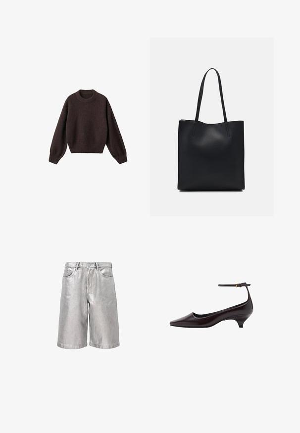 Brun strikket sweater med rund halsudskæring, sænkede skuldre og ribstrikkede manchetter. Blød tekstur, cropped design og løs pasform.; Metalliske sølvfarvede denimshorts med løs pasform, der har fem lommer, bælteløkker og en foldet kant. Glat tekstur med en reflekterende overflade.; Mørkebrune spidse læder kitten heel sko med en tynd ankelrem og en lille guldbeslag.; Sort læder tote taske med glat tekstur, rektangulær form og to lange hanke. Ingen synlig hardware eller udsmykninger.