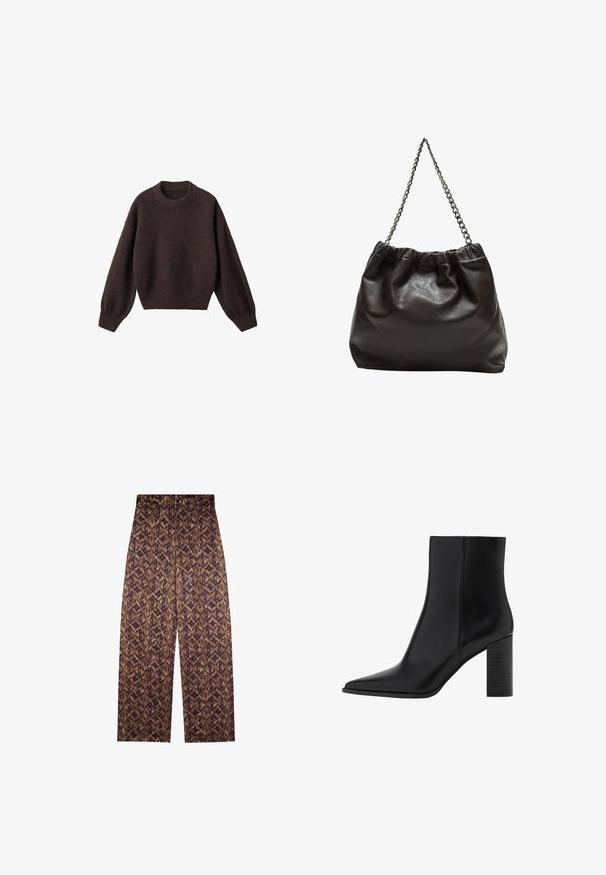 Brown knit sweater with a round neckline, dropped shoulders, and ribbed cuffs. Soft texture, cropped design, and loose fit.; Brown patterned wide-leg trousers featuring a geometric print in darker tones. Elastic waistband, smooth texture, and cropped length.; Black leather ankle boot with a pointed toe, square heel, smooth texture, and stitching details along the seams. Heels measure approximately 3.5 inches.; Brown leather bag with a gathered top and a chain strap. Smooth texture with a glossy finish and subtle seam detailing on the sides.