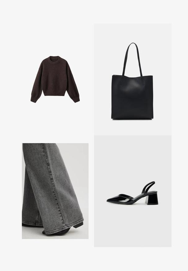 Ruskea neulepaita, jossa on pyöreä pääntie, rosoiset olkapäät ja ribbireunat. Pehmeä rakenne, lyhyt malli ja löysä istuvuus.; Lepáje make se šedé džínoviny s volnými nohavicemi, s hladkou texturou, viditelným prošíváním a čistým lemem. V kombinaci s černými sandály na podpatku.; Mustat patentoitu nahkakengät, joissa on säären takaosa ja terävä kärki, sekä geometrinen palikkakorko. Sisältää tyylikkään, minimalistisen muotoilun ja sileän pinnan.; Mustapahkainen kangaskassi, jossa on sileä pinta, suorakaiteen muotoinen ja kaksi pitkää kahvaa. Ei näkyvää metalliosaa tai koristeita.