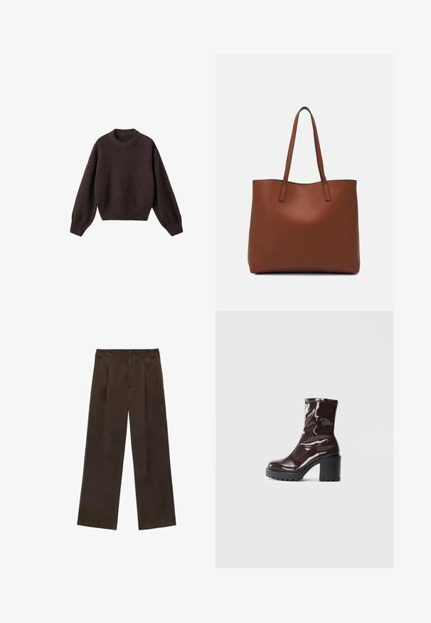 Smeđi pleteni pulover s okruglim izrezom, spuštenim ramenima i rebrastim rukavima. Mekana tekstura, skraćeni dizajn i slobodan kroj.; Smeđe široke hlače izrađene od mekog materijala, s pojasom na dugme, prednjim plitkim naborima i bočnim džepovima. Glatka tekstura i strukturirani oblik.; Sjajna burgundska čizma do gležnja s debelim crnim potplatom, koja se odlikuje glatkom teksturom i jednostavnim dizajnom. Nema vidljivih kopčanja ili uzoraka.; Smeđa kožna torba preko ramena s glatkom teksturom, otvorenim vrhom i dvjema naramenicama. Ima minimalne šavove i nema vidljivog hardvera.
