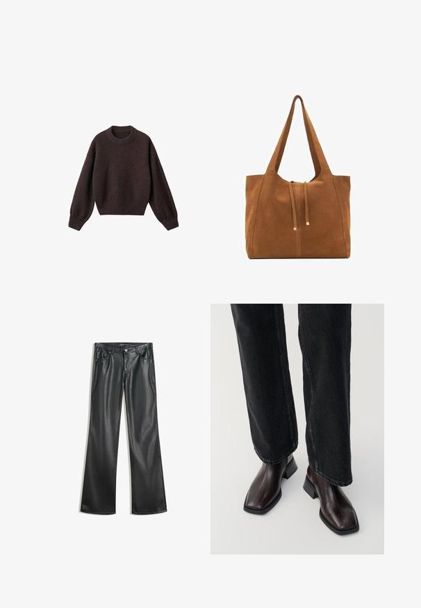 Brązowy sweter dziewiarski z okrągłym dekoltem, opadającymi ramionami i prążkowanymi mankietami. Miękka tekstura, krótki krój i luźny fason.; Czarne sztuczne skórzane spodnie w stylu dzwonów o gładkiej fakturze, pięcioma kieszeniami, zamkiem z przodu i kontrastowymi szwami.; Brązowe skórzane botki za kostkę z kwadratowym noskiem i słupkowym obcasem, zestawione z czarnymi spodniami o szerokich nogawkach. Gładka tekstura i minimalistyczny design.; Brązowa torba tote z zamszu z dwoma długimi paskami, zamknięciem na sznurek i minimalistycznym wzornictwem. Gładka tekstura i brak widocznych akcentów metalowych.