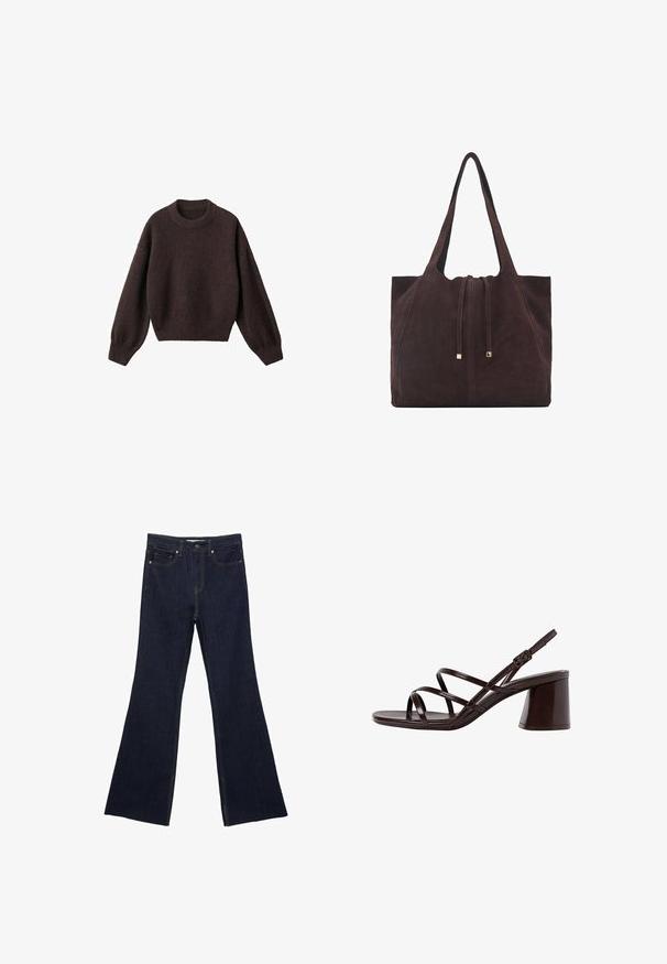 Hnědý pletený svetr s kulatým výstřihem, spadlými rameny a žebrovanými manžetami. Měkká textura, zkrácený střih a volný střih.; Tmavě modré denimové zvonové džíny s klasickým pětikapsovým designem a viditelným švem. Materiál má hladkou strukturu s minimálním vyblednutím.; Hnědé sandály na vysokém podpatku s robustním podpatkem, s hladkým, lesklým povrchem a několika křížícími se pásky na svršku.; Mango Velká kabelka - dark brown