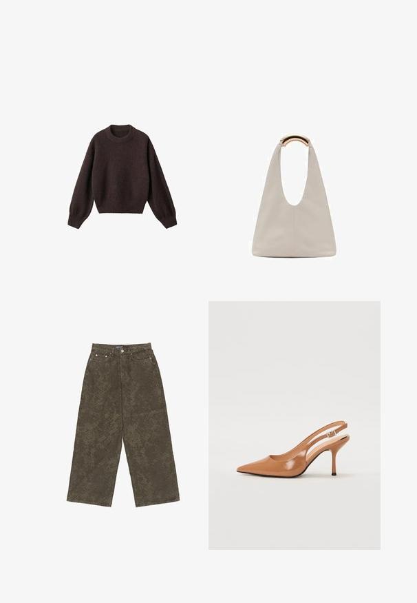 Pull en maille marron avec un col rond, des épaules basses et des poignets côtelés. Texture douce, design court et coupe ample.; Pantalons larges en denim vert olive, présentant un motif texturé, un design à cinq poches et une fermeture à bouton à l'avant.; Escarpin à talon slingback à bout pointu en matériau beige lisse et brillant. Présente un design de découpes courbées et un talon aiguille fin. Détail de boucle en argent.; Sac en cuir gris clair avec un design en forme de U et une poignée métallique courbée. Texture lisse avec un minimum de coutures et sans motifs visibles.