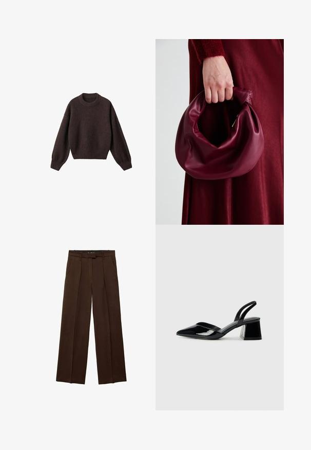 Brun strikket sweater med rund halsudskæring, sænkede skuldre og ribstrikkede manchetter. Blød tekstur, cropped design og løs pasform.; Brune brede bukser med en glat tekstur, frontfolder og sidelommer. Flad talje design med en skjult lukning.; Sorte patentlæder slingback hæle med spids tå og en geometrisk blok hæl. Har et elegant, minimalistisk design og en glat tekstur.; Bordeaux læderhåndtaske med et blødt, samlet design og en rund form. Håndtaget er sikret og viser en glat tekstur.; Guldtonede øreringe med teksturerede, bølgede former. Inkluderer skulpturelle clips og en åben ringdesign med en hamret finish.