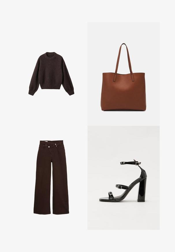 Hnedý pletený sveter s okrúhlym výstrihom, spustenými ramenami a rebrovanými manžetami. Mäkká textura, krátky strih a voľný fit.; Hnedé nohavice so širokými nohavicami a vysokým pásom, s predným zipsom a zapínaním na gombík, majú predné a zadné vrecká.; Čierne lakované sandále na podpätku so štvorcovou špičkou, navlečenými remienkami okolo členku a striebornými prackami. Disponujú masívnym blokovým podpätkom pre stabilitu.; Hnedá kožená taška na rameno s hladkou textúrou, otvoreným vrchom a dvoma ramenými popruhmi. Má minimálne šitia a žiadne viditeľné kovania.