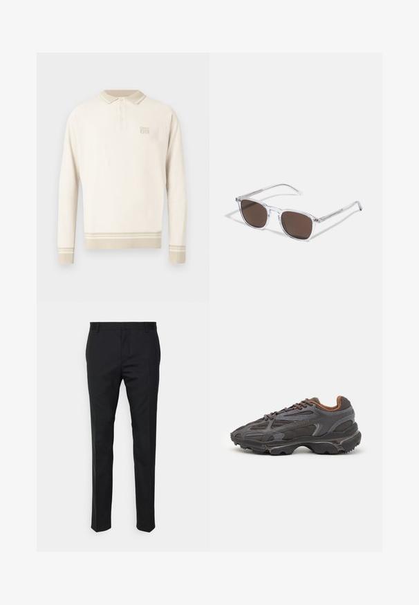 Pilkas megztinis su apvaliu kaklu, raštuotomis rankovėmis ir apačia, dešinėje krūtinėje išsiuvinėtas mažas žalias krokodilo logotipas.; Ilgas rankovėmis smėlio spalvos polo marškinėliai su tekstūruotu megztu raštu, apykakle su sagomis ir juostelėmis apačioje bei rankogaliuose. Pasižymi subtiliu prekės ženklo ženklinimu krūtinės srityje.; Juodos pritaikytos kelnės su tiesiu siluetu, pagamintos iš sklandžios medžiagos. Turi diržo kilpas ir raukšlių detalę priekyje.; Lacoste sportbačiai tamsiai pilki, pagaminti iš tinklinės ir sintetinių medžiagų, su tekstūruotu padu ir rudomis detalėmis ant apykaklės bei prekės ženklo.; Skaidrūs plastikiniai saulės akiniai su stačiakampiais rudos spalvos lęšiais, pasižymintys plonais, skaidriais šonais ir metaliniais akcentais ant rėmo.