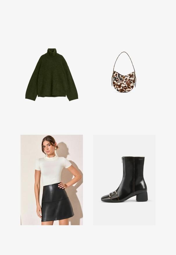 Grüner Rollkragenpullover aus weichem, flauschigem Material. Hat eine lockere Passform und übergroße Ärmel, mit einem gerippten Kragen und Saum.; Weißes, geripptes Kurzarmoberteil, kombiniert mit einem schwarzen Minirock aus Kunstleder, der über eine Panelstruktur und eine elegante Silhouette verfügt.; Schwarze Leder-Ankle-Boots mit runder Zehenpartie, seitlichem Reißverschluss und silbernem Schnallen-Detail. Mit einem klobigen Absatz und kontrastierenden Nähten.; Hobo-Tasche aus strukturiertem Leder mit einem braun-weißen Kuhmuster, die eine geschwungene Form und einen einzelnen Schulterriemen mit goldenen Hardwareelementen aufweist.; Goldplattierte Creolen mit einem glatten, verjüngten Design. Sie verfügen über eine polierte Oberfläche und eine geschwungene Silhouette, die ihre moderne Form betont.