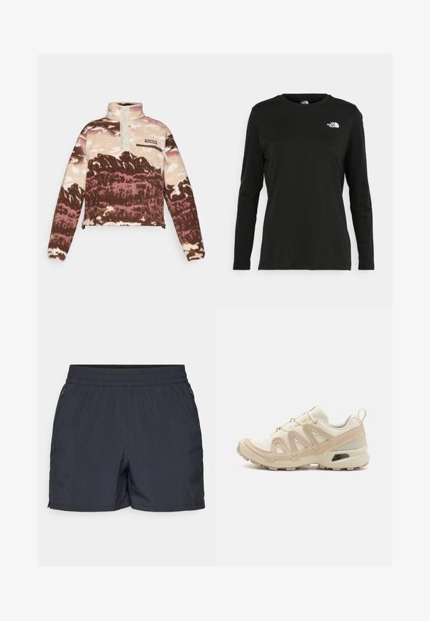 Fleecegenser i brun, krem og rosa abstrakt mønster. Har høy krage, knappestolpe og lomme med glidelås på brystet.; Svart langermet T-skjorte laget av bomull med rund hals. Har en liten hvit logo på venstre brystområde. Enkelt design og passform.; Mørkegrå shorts laget av lett materiale, med elastisk midje, sidelommer med glidelås og rett snitt.; Beige og krem joggesko med teksturert mesh-overdel, støttende overlegg og gummisåle med et mønster for godt grep.