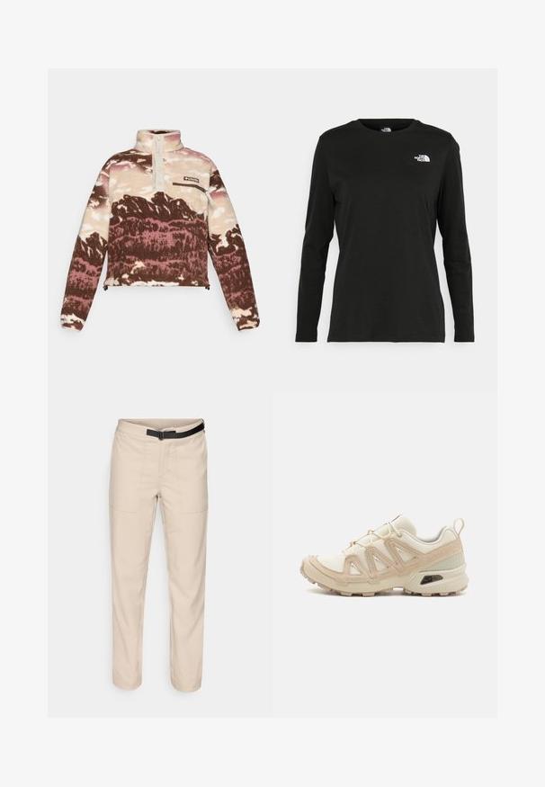 Fleece trøje i brun, creme og pink abstrakt mønster. Har høj krave, knaplukning og lynlåslomme på brystet.; Sort langærmet t-shirt lavet af bomuld med rund hals. Har et lille hvidt logo på venstre brystområde. Enkel design og pasform.; Beige bukser med en glat tekstur, som har to forlommer, et sort bælte og design med lige ben.; Beige og creme atletiksko med struktureret mesh-overdel, støttende overlays og gummiyderside med et mønster for trækkraft.