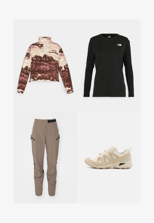 Fleecegenser i brun, krem og rosa abstrakt mønster. Har høy krage, knappestolpe og lomme med glidelås på brystet.; Svart langermet T-skjorte laget av bomull med rund hals. Har en liten hvit logo på venstre brystområde. Enkelt design og passform.; Beige utendørsbukser med svarte detaljer, laget av lettvektsstoff. Har justerbar midje, elastiske mansjetter og sidelommer med glidelås.; Beige og krem joggesko med teksturert mesh-overdel, støttende overlegg og gummisåle med et mønster for godt grep.
