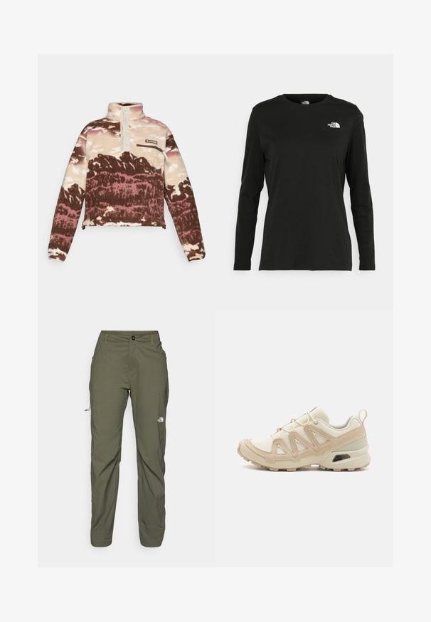 Bélelt pulóver barna, krém és rózsaszín absztrakt mintával. Magas gallérral, gombos pánttal és cipzáras mellzsebbel rendelkezik.; Fekete, hosszú ujjú póló pamutból, kerek nyakkal. A bal mellrészen egy kis fehér logó található. Egyszerű dizájn és szabás.; The North Face EXPLORATION PANTS - Szabadtéri nadrágok - new taupe green; Beige és krém színű sportcipő, texturált hálós felsőrésszel, támogató burkolattal és gumitalppal, amely tapadás érdekében bordázott mintázattal rendelkezik.