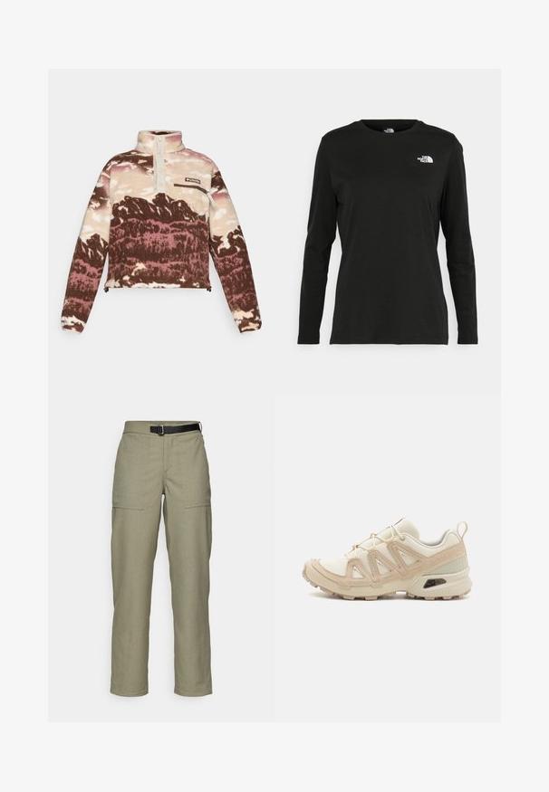 Fleece pullover in brown, cream, and pink abstract print. Features a high collar, button placket, and zippered chest pocket.; Black long-sleeve t-shirt made of cotton with a round neck. Features a small white logo on the left chest area. Simple design and fit.; Khaki trousers made of textured fabric, featuring a straight leg design, two front pockets, and a black belt at the waist.; Beige and cream athletic shoe with textured mesh upper, supportive overlays, and rubber outsole featuring a tread pattern for traction.