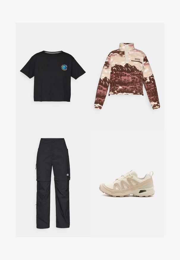 Brown, kreminės ir rožinės spalvų abstraktiame rašte vilnos puloveris. Turintis aukštą apykaklę, mygtukų užsegimą ir užtrauktuku užsegamą krūtinės kišenę.; Juodas medvilnės trumpomis rankovėmis marškinėliai su apvaliu multicolor logotipu ant krūtinės. Tiesus apvadas ir laisvas pritaikymas.; Juodos nailoninės krovinių kelnės su reguliuojamais rankovėmis, daugybe kišenių ir logo ant dešinės kojos. Lygi, lengva tekstūra.; Bežinės ir kreminės spalvos sportinės bateliai su tekstūruoto tinklelio viršutine dalimi, palaikančiomis detalėmis ir guminiais padais, turinčiais raštą, užtikrinantį sukibimą.