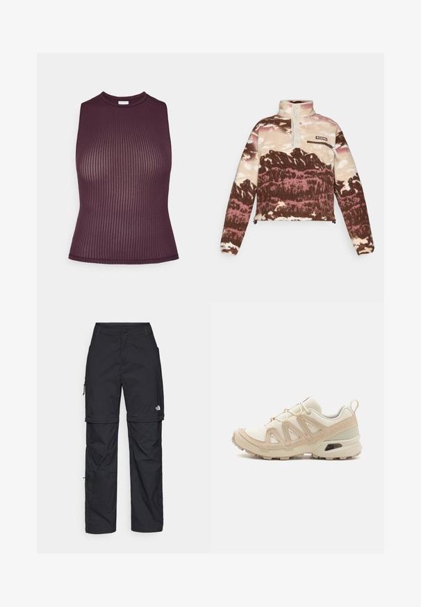 Fleece mikina v hnedej, krémovej a ružovej abstraktnej potlači. S vysokým golierom, gombíkovou légou a zipsovým vreckom na hrudi.; Bordeaux rebrovný top bez rukávov s vysokým výstrihom, priliehavý strih a hladká textúra. Má čistý, dokončený lem.; Čierne nylonové cargo nohavice s odnímateľnými nohavicami, nastaviteľnými manžetami, viacerými vreckami a logom na pravej nohe. Hladká, ľahká textúra.; Beige a krémová športová obuv s textúrovaným sieťovým zvrškom, podporujúcimi prekrytiami a gumovou podrážkou s dezénom pre trakciu.