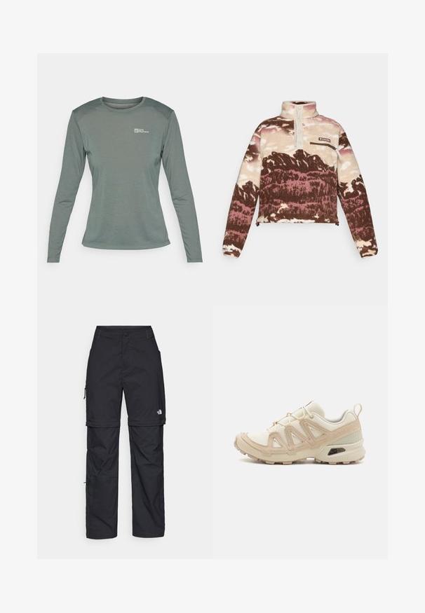 Fleece pullover in brown, cream, and pink abstract print. Features a high collar, button placket, and zippered chest pocket.; Long-sleeve t-shirt in muted green, made of lightweight, textured fabric. Features rounded neckline and small logo on left chest.; Black nylon zip-off cargo trousers with adjustable cuffs, multiple pockets, and a logo on the right leg. Smooth, lightweight texture.; Beige and cream athletic shoe with textured mesh upper, supportive overlays, and rubber outsole featuring a tread pattern for traction.