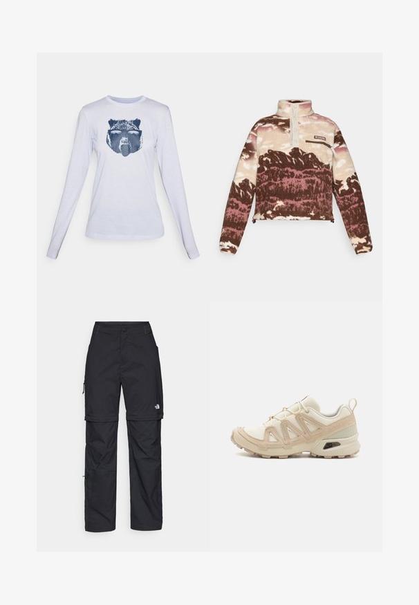 Fleece pullover in brown, cream, and pink abstract print. Features a high collar, button placket, and zippered chest pocket.; Long-sleeve white t-shirt made of soft fabric featuring a navy bear graphic on the front. Crew neckline and standard fit.; Black nylon zip-off cargo trousers with adjustable cuffs, multiple pockets, and a logo on the right leg. Smooth, lightweight texture.; Beige and cream athletic shoe with textured mesh upper, supportive overlays, and rubber outsole featuring a tread pattern for traction.