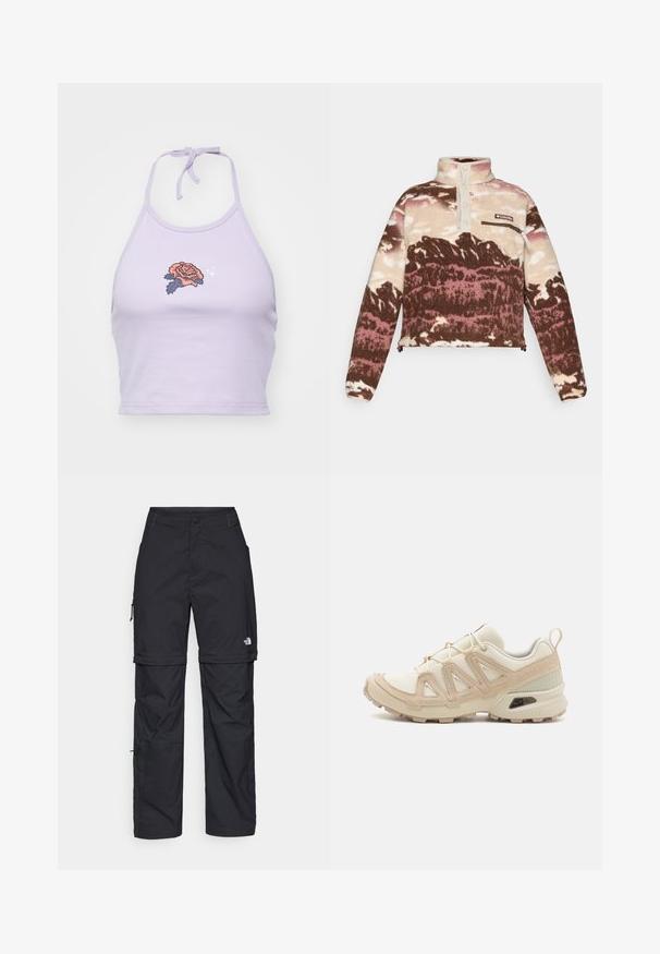 Fleece-pullover i brunt, krämfärgat och rosa abstrakt mönster. Har en hög krage, knappslå och dragkedjeförsedd bröstficka.; Lila halterneck crop top i bomull, med en rosbroderadesign i orange och marin, och en knytning vid nacken.; Svarta nylonbyxor med avtagbara ben, justerbara muddar, flera fickor och en logotyp på högra benet. Slät, lätt textur.; Beige och krämfärgad atletisk sko med texturerad meshovandel, stöttande överdrag och gummisulor med ett mönster för grepp.