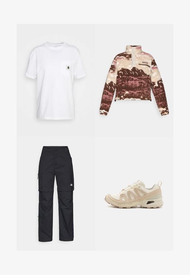 Fleece pullover in bruin, crème en roze abstracte print. Voorzien van een hoge kraag, knopenlijst en een met rits gesloten borstzak.; Witte katoenen t-shirt met korte mouwen, ronde hals en een linkerk borstzak met een zwart-wit logo label.; Zwarte nylon cargo broek met afneembare pijpen, verstelbare manchetten, meerdere zakken en een logo op het rechterbeen. Gladde, lichte textuur.; Beige en crème sportschoen met een textuur-mesh bovenwerk, ondersteunende overlays en een rubberen zool met een profielpatroon voor grip.