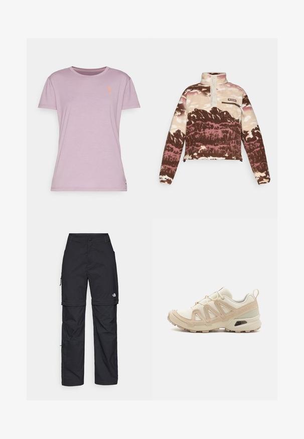 Fleece mikina brūnā, krēmkrāsā un rozā abstraktā rakstā. Iespējas ar augstu apkakli, pogu slēptuvēm un ar rāvējslēdzēju atveramu krūšu kabatu.; Gaiši violetas T-krekls ar īsām piedurknēm, apaļu kaklu un oranžu zieda emblēmu uz krūškurvja. Mīksta, gluda auduma tekstūra.; Melni nailona bikses ar noņemamām kājām, regulējamiem uzmavām, vairākām kabatām un logotipu uz labās kājas. Gluda, viegla tekstūra.; Beige un krēma sporta apavi ar strukturētu tīkla virsmu, atbalstošajiem slāņiem un gumijas zoli ar protektoru rakstu, kas nodrošina saķeri.