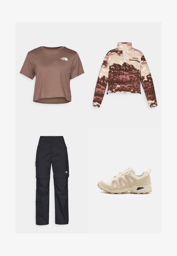 Pulover iz flisa v rjavi, kremni in roza abstraktni potiski. Ima visok ovratnik, zapenjanje z gumbi in žep na prsih z zadrgo.; The North Face SIMPLE DOME CROPPED SLIM TEE - Potiskana majica - smokey brown; Črne najlon hlače z zipom, ki se lahko odstranijo, s prilagodljivimi manšetami, več žepi in logotipom na desni nogi. Gladka, lahka tekstura.; Bež in krem športni čevlji z teksturiranim mrežastim zgornjim delom, podpornimi prekrivali in gumijastim podplatom z vzorcem za oprijem.