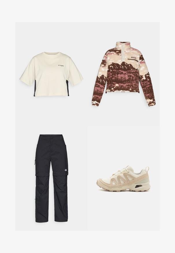 Prinditud fliispullover pruunis, kreemis ja roosas toonides. Omab kõrget kraed, nööpide sulgemist ja tõmblukuga rinnakotti.; Kreemika värvi lühikeste varrukatega lühikese seljaga T-särk ümmarguse kaelusega, mustade külgpaneelidega; rinnal on väike must logo.; Mustad nailonist valmistatud eemaldatavad cargo-püksid, reguleeritavate pahkluudega, mitmete taskutega ja paremal jalal logoga. Sile, kerge tekstuur.; Beež ja koobalti spordijalats tekstureeritud võrkkattega, toetavad ülemised kihid ja kummist tallaga, millel on mustriga joonistus haardeks.