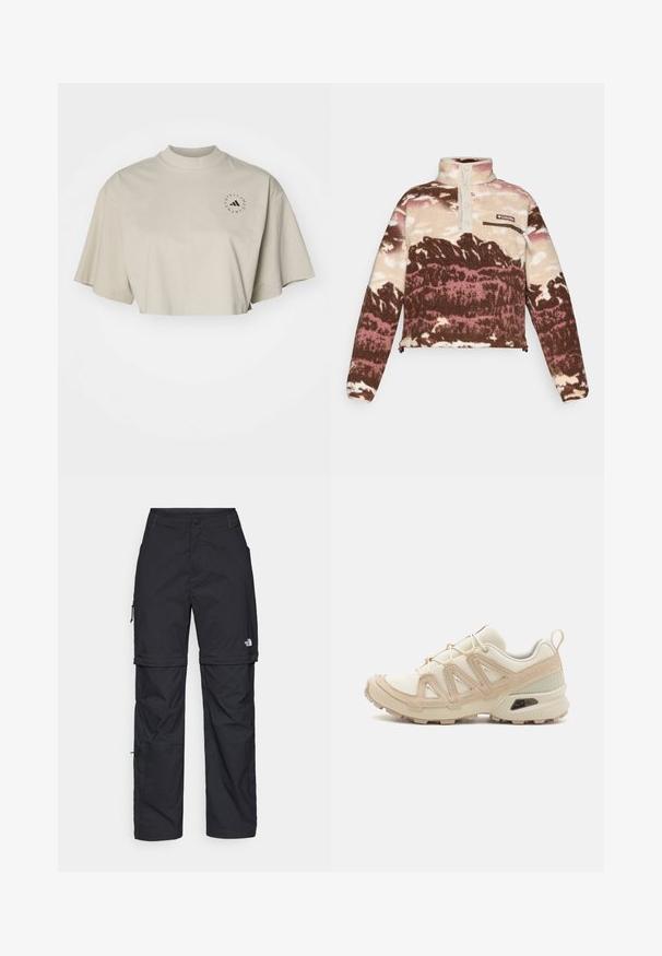 Polarowy pulower w brązowym, kremowym i różowym abstrakcyjnym wzorze. Posiada wysoki kołnierz, zapięcie na guziki oraz kieszeń na zamek błyskawiczny na piersiach.; Przycięta, krótka koszulka z krótkim rękawem w jasnym beżowym kolorze z bawełny. Posiada wysoki kołnierz oraz czarne okrągłe logo na lewej stronie klatki piersiowej.; Czarne nylonowe spodnie cargo z odpinanymi nogawkami, regulowanymi mankietami, wieloma kieszeniami oraz logo na prawej nogawce. Gładka, lekka tekstura.; Beżowe i kremowe buty sportowe z teksturowanej siateczki, wspierającymi nakładkami oraz gumową podeszwą z wzorem bieżnika zapewniającym przyczepność.