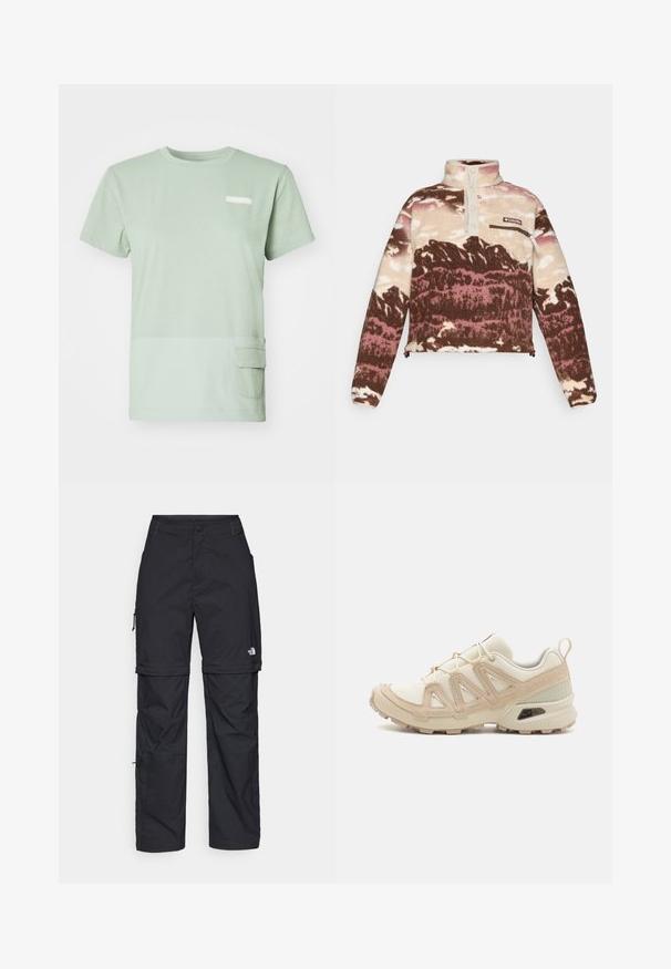 Fleece pullover in brown, cream, and pink abstract print. Features a high collar, button placket, and zippered chest pocket.; Light green t-shirt made of soft cotton with a rounded neckline. Features a patch pocket on the bottom left and a small logo on the chest.; Black nylon zip-off cargo trousers with adjustable cuffs, multiple pockets, and a logo on the right leg. Smooth, lightweight texture.; Beige and cream athletic shoe with textured mesh upper, supportive overlays, and rubber outsole featuring a tread pattern for traction.