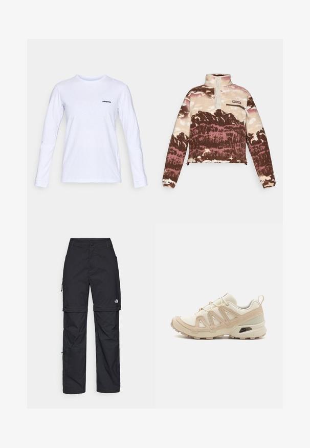 Fleece-Pullover in Braun, Creme und pinkem abstraktem Muster. Verfügt über einen hohen Kragen, eine Knopfleiste und eine mit Reißverschluss verschlossene Brusttasche.; Langärmliges weißes Baumwoll-T-Shirt mit Rundhalsausschnitt und schwarzem "Patagonia"-Logo auf der linken Brust. Glatte Textur, klassischer Schnitt.; Schwarze Nylon-Zip-Off-Cargohosen mit verstellbaren Bündchen, mehreren Taschen und einem Logo am rechten Bein. Glatte, leichte Textur.; Beige und cremefarbenen Sportschuh mit strukturiertem Mesh-Obermaterial, unterstützenden Überzügen und Gummisohle mit einem Profilmuster für Bodenhaftung.