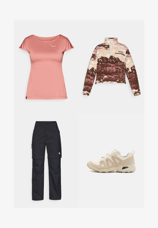 Sudadera de forro polar en tonos marrón, crema y rosa con estampado abstracto. Presenta un cuello alto, placket con botones y un bolsillo en el pecho con cremallera.; Camiseta de manga corta en tejido de color rosa claro, con escote redondo y un pequeño logo blanco en el lado izquierdo del pecho. Textura suave, ajuste casual.; Pantalones cargo de nailon negro con cremallera desmontable, puños ajustables, múltiples bolsillos y un logotipo en la pierna derecha. Textura suave y ligera.; Zapatilla deportiva beige y crema con parte superior de malla texturizada, superposiciones de soporte y suela de goma con un patrón de tracción.