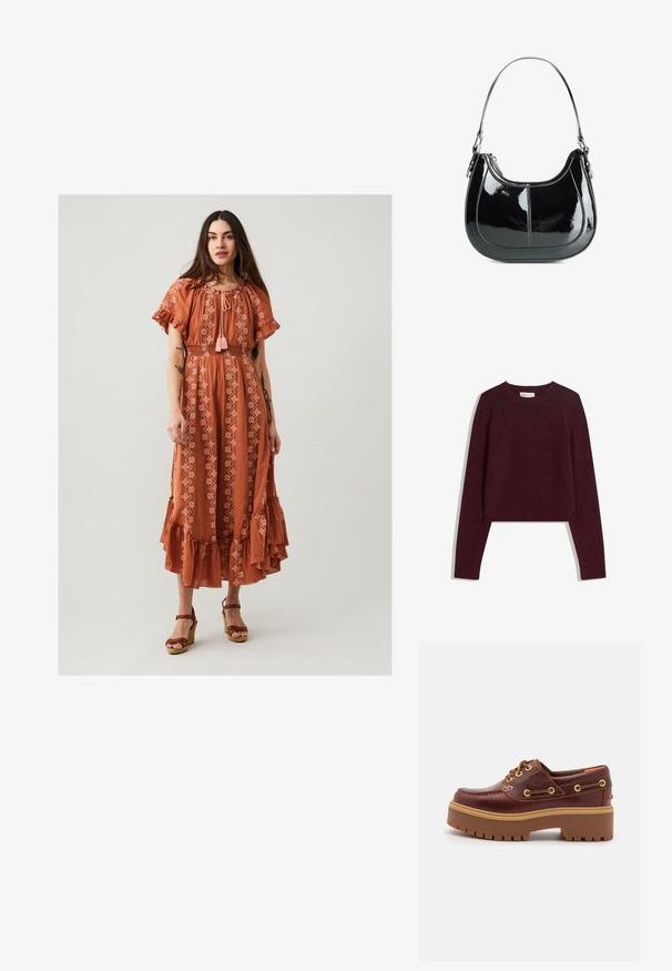 Pull court bordeaux en tissu doux, avec des manches longues, un col côtelé et des finitions côtelées à l'ourlet. Design simple et uni.; Odd Molly HELEN - Robe longue - rusty taupe; Chaussure bateau en cuir marron avec une semelle en caoutchouc marron épaisse, œillets dorés et coutures contrastantes. Présente un logo sur le côté.; Sac à main en cuir verni noir avec un design courbé, fermeture zippée et une seule bandoulière avec des quincailleries en ton argent et des accents de couture.