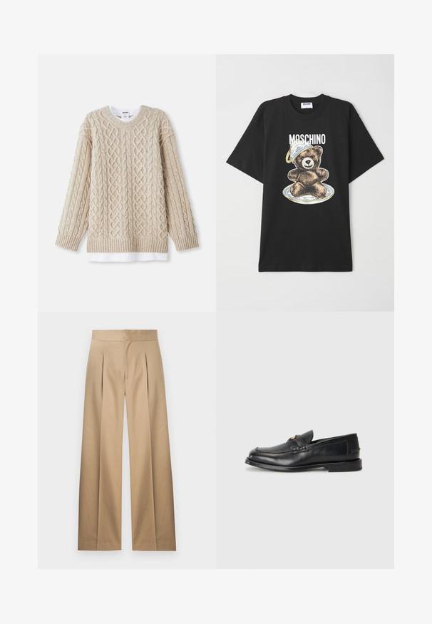 Beige knitted sweater featuring a cable pattern, ribbed cuffs, and hem. Layered look with a white shirt visible at the bottom.; Black cotton t-shirt featuring a bear graphic wearing a blue and white hat, with the text “Moschino” above the design. Short sleeves, relaxed fit.; Beige wide-leg trousers with pleated front, tailored design, and smooth cotton fabric. Features a flat waistband and no visible fastenings.; Black leather loafers feature a rounded toe, stitched detailing, and a small gold accent on the front. The sole is flat and discreet.