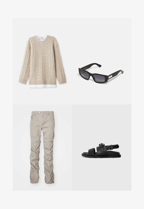 Pulover tricotat bej cu un model de tip cablu, manșete și tiv cu ținte. Aspect stratificat, cu o cămașă albă vizibilă în partea de jos.; Pantaloni din țesătură texturată bej cu un design plisat, având o închidere cu nasturi, cinci buzunare și croială dreaptă.; Sandale negre din piele, cu două curele late și o curea ajustabilă la gleznă cu cataramă. Talpă plată cu un margine texturată.; Ochelari de soare negri cu un cadru rectangular masiv, lentile gri cu gradient și un accent alb al logo-ului pe lateral. Material din plastic neted.