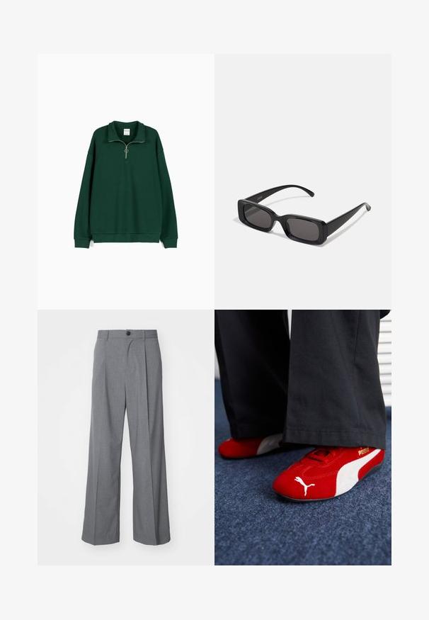 Grön sweatshirt i mjukt, strukturerat tyg. Har en dragkedja vid halsringningen, långa ärmar och en avslappnad passform med ribbat fåll.; Weekday UNO LOOSE SUIT TROUSERS - Kostymbyxor - dark grey; Röda mockasko sneakers med vita accenter, med texturerat material, rund tå och en gul logotyp på sidan, bärs med svarta byxor.; Svarta rektangulära solglasögon med mörka linser, glänsande yta, breda skalmar och en gedigen ramdesign. Graverat märke på ena skalmen.