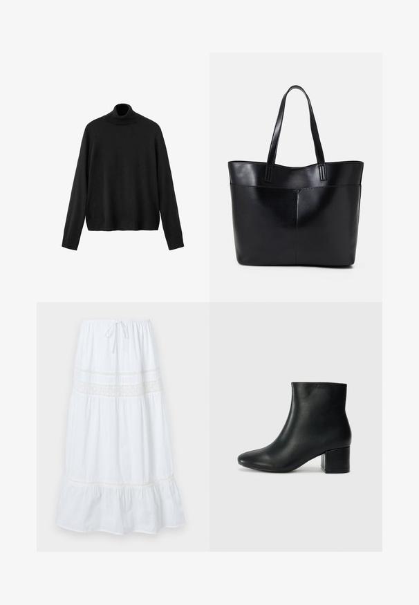 Černý rolákový svetr z pleteného materiálu s dlouhými rukávy, přiléhavým límcem a mírně zkráceným lemem. Hladká textura, jednobarevný.; Bílá midi sukně vyrobená z lehké bavlny, s elastickým pasem na šňůrku a dekorační krajkovou lemovkou na těle a spodním okraji. Rozšířený střih.; Černé kožené kotníkové boty s špičatou špičkou a robustním podpatkem. Hladký povrch s minimálními akcenty a elegantním, přiléhavým designem.; Černá kožená taška s dlouhými ušima, hladkým povrchem a strukturovaným tvarem. Obsahuje přední kapsu pro další úložný prostor.