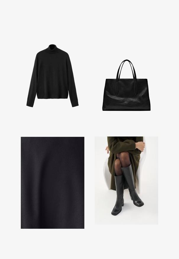 Schwarzer Rollkragenpullover aus Strickmaterial mit langen Ärmeln, engem Kragen und leicht gekürztem Saum. Glatte Textur, einfarbig.; Schwarzer Stoff mit einer glatten, matten Textur. Die Oberfläche hat einen leichten Glanz, der die feine Webart zur Geltung bringt, ohne sichtbare Muster oder Akzente.; Knöchelhöhe schwarze Lederstiefel mit quadrater Spitze und Blockabsatz, gezeigt mit einem Modell, das einen olivgrünen Mantel trägt. Glatte Textur, minimale Details.; Schwarze Leder-Tote mit zwei langen Griffen, einer strukturierten Form, glatter Textur und minimalistischem Design. Keine sichtbaren Beschläge oder Akzente.